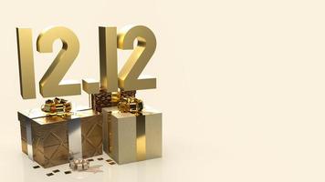 o ouro 12.12 e caixa de presente em fundo dourado para dia de compras ou marketing de promoção renderização em 3d foto