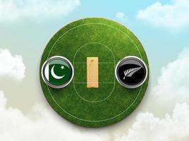 paquistão vs bandeira de críquete da nova zelândia com crachá de botão na ilustração 3d do estádio foto