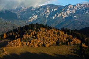 uma encantadora paisagem montanhosa nas montanhas bucegi, cárpatos, roménia. natureza de outono em moeciu de sus, transilvânia foto