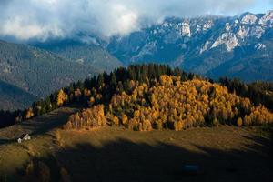 uma encantadora paisagem montanhosa nas montanhas bucegi, cárpatos, roménia. natureza de outono em moeciu de sus, transilvânia foto