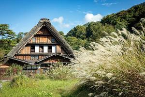 shirakawa tradicional e histórica vila japonesa shirakawago no outono. casa construída em madeira com telhado estilo gassho zukuri. shirakawa-go é patrimônio mundial da unesco e o principal ponto de referência do japão. foto