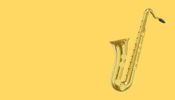 saxofone ouro metal, instrumento musical, de lado. renderização 3D. ícone em fundo amarelo, espaço para texto. foto