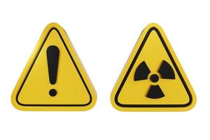 ilustração 3D do símbolo de ponto de exclamação do ícone amarelo e símbolo de perigo radioativo, nuclear, contaminante, radiação, química, biológica, química, poluição, reator - traçado de recorte foto