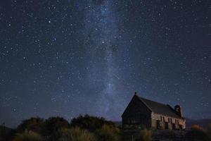 igreja de madeira marrom sob noite estrelada foto