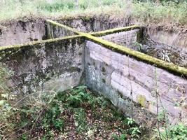 cimento de concreto velho fundação subterrânea inacabada de um edifício arruinado coberto de musgo verde foto