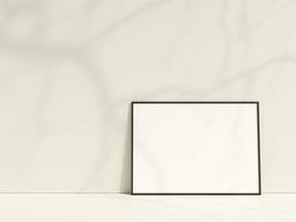 maquete de pôster interior com moldura encostada na parede branca. maquete de moldura de foto minimalista com sombra. moldura vazia fica no chão branco. renderização 3D.
