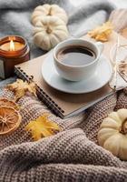 abóboras brancas, café e folhas de outono foto