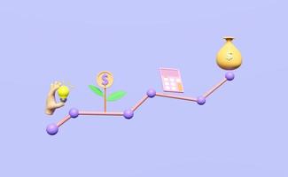 Conceito de estratégia de análise de negócios 3D isolado em fundo roxo. calculadora, gráfico de gráficos, saco de dinheiro, mãos segurando uma lâmpada, ícone de árvore para banco, finanças, investimento, ilustração de renderização 3d foto