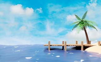 Ilha 3d com ponte de madeira que leva ao mar em um dia brilhante, palmeira, praia do mar, fundo de paisagem de céu azul. viagem de verão, ilustração de renderização 3d foto