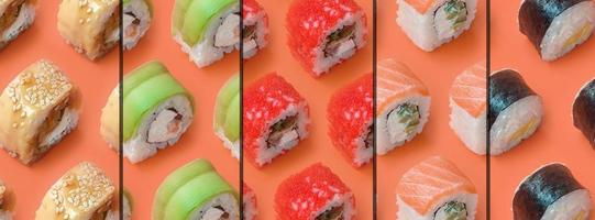 colagem com diferentes tipos de rolos de sushi asiáticos em fundo laranja. minimalismo vista superior plana padrão leigo com comida japonesa foto