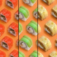 colagem com diferentes tipos de rolos de sushi asiáticos em fundo laranja. minimalismo vista superior plana padrão leigo com comida japonesa foto