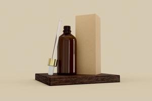 soro facial hidratante de vidro aberto com uma pipeta em um fundo quente em pé sobre uma bandeja de madeira com cosméticos de maquiagem de caixa de papelão marrom. brincar. ilustração 3D foto