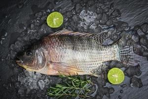 peixe tilápia cru fresco da fazenda de tilápia, tilápia com gelo em fundo escuro - vista superior foto