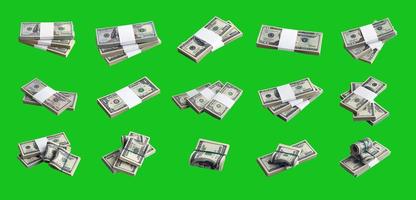 grande conjunto de pacotes de notas de dólar americano isoladas em verde croma. colagem com muitos pacotes de dinheiro americano com alta resolução sobre fundo verde perfeito foto