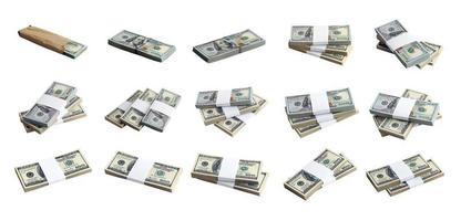 grande conjunto de pacotes de notas de dólar americano isoladas em branco. colagem com muitos pacotes de dinheiro americano com alta resolução em fundo branco perfeito foto