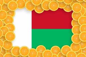 bandeira de madagascar em moldura de fatias de frutas cítricas frescas foto