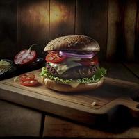 delicioso steakburger caseiro em uma velha mesa de madeira. close-up de alimentos pouco saudáveis de gordura. foto