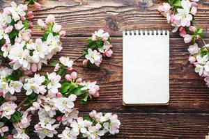 flores de sakura em um fundo escuro de madeira rústica com um notebook. fundo de primavera com ramos de damasco florescendo e ramos de cereja foto