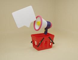 cesta de compras mínima dos desenhos animados de renderização 3D e um anúncio de megafone. conceito de compra e venda. oferta foto