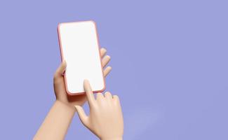 Mão 3D usando telefone celular, isolado no fundo roxo. mão segurando modelo de telefone de tela de smartphone, maquete de telefone de tela vazia, conceito mínimo, ilustração de renderização 3d foto