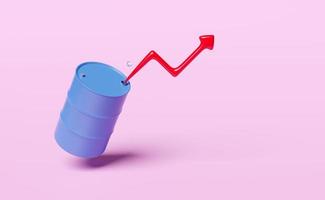 gráfico de seta 3d com ícone de barril de óleo azul isolado no fundo rosa. indústria de petróleo, negócios no mercado de petróleo, conceito de tanque de óleo de 200 litros, ilustração de renderização 3d foto