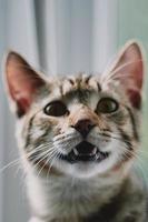 gato malhado com a boca aberta olha para a câmera.
