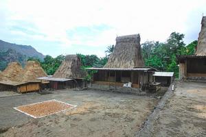 bena uma vila tradicional com cabanas de grama do povo ngas em flores perto de bajawa, indonésia. muitas casas pequenas são feitas de peças naturais como madeira e palha. vulcão gigante nas costas foto