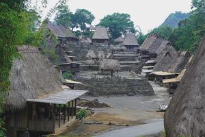 bena uma vila tradicional com cabanas de grama do povo ngas em flores perto de bajawa, indonésia. muitas casas pequenas são feitas de peças naturais como madeira e palha. vulcão gigante nas costas foto