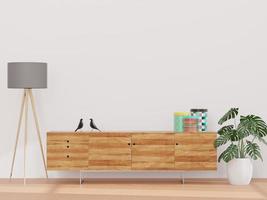 sala de estar e parede branca e armário de madeira, estilo minimalista, simular e copiar a parede do espaço - renderização em 3d - foto