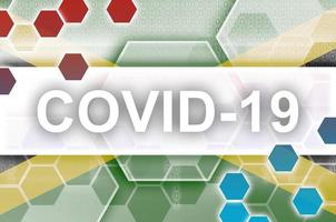 bandeira da jamaica e composição abstrata digital futurista com inscrição covid-19. conceito de surto de coronavírus foto