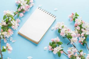 sakura de primavera florescendo em um fundo azul com espaço de bloco de notas para uma mensagem de saudação. o conceito de primavera e dia das mães. lindas flores delicadas de cerejeira rosa na primavera foto