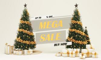 banner de cartaz de promoção de venda de feliz natal com exibição de produto e decoração festiva e árvore de natal de caixa de presente em fundo roxo. renderização 3D foto