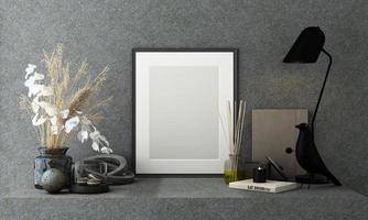 moldura de pôster de maquete fechar na parede de madeira com flores marrons brancas e cercada por simulação de decoração. renderização 3D foto