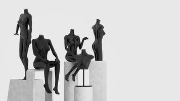 estátua de manequim modelo em preto para mostrar roupas da moda em um conceito abstrato. no estande de produtos de paletes de pedra. isolar no fundo branco. renderização 3D foto