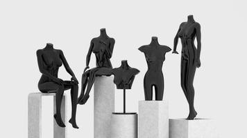 estátua de manequim modelo em preto para mostrar roupas da moda em um conceito abstrato. no estande de produtos de paletes de pedra. isolar no fundo branco. renderização 3D foto