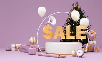 banner de cartaz de promoção de venda de feliz natal com exibição de produto e decoração festiva e árvore de natal de caixa de presente em fundo roxo. renderização 3D foto