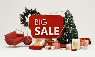 banner de cartaz de promoção de venda de feliz natal com exibição de produto e decoração festiva e árvore de natal de caixa de presente em fundo roxo. renderização 3D foto