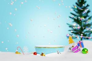 ilustração 3d maquete de cena de fundo azul de natal elegante e feliz ano novo pódio para exibir produtos cosméticos pódio ou palco celebração de férias de inverno árvore de natal neve presente ouro foto