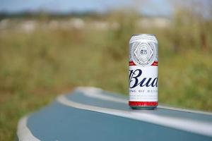 sumy, ucrânia - 01 de agosto de 2022 lata de cerveja alcoólica budweiser lager em barco de caiaque virado ao ar livre. budweiser é uma marca da anheuser-busch inbev foto