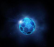 bola de futebol com luzes de néon brilhantes azuis futuristas. conceito de jogo de bola. renderização 3D foto