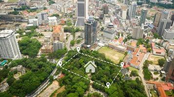 lote de terreno para construção de vista aérea de casa, campo de terreno com alfinetes, localização de alfinetes para subdivisão de habitação desenvolvimento residencial propriedade venda aluguel comprar ou investimento casa ou casa expandir a construção da cidade foto