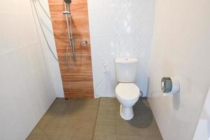 sala de toalete - interior de meio banheiro simples com banheiro com chuveiro, louças sanitárias brancas foto