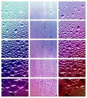 uma colagem de diversos fragmentos de vidro, decorados com gotas de chuva do condensado. tons de roxo e violeta foto