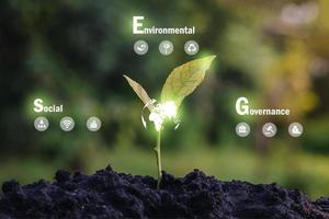 conceito de ícone esg na mão para meio ambiente, social e governança em negócios sustentáveis e éticos na conexão de rede em um fundo verde. foto