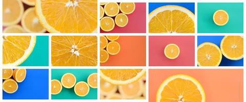 uma colagem de muitas fotos com laranjas suculentas. conjunto de imagens com frutas em fundos de cores diferentes