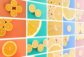 uma colagem de muitas fotos com laranjas suculentas. conjunto de imagens com frutas em fundos de cores diferentes