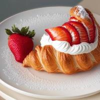 croissant no prato branco, com morango fresco e chantilly. foto