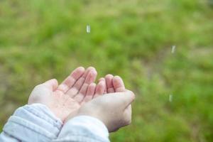 palmas das mãos abertas durante a chuva, close-up. as mãos coletam água durante a chuva. aproveite a chuva. limpeza durante uma tempestade. rezar a deus pedindo chuva foto