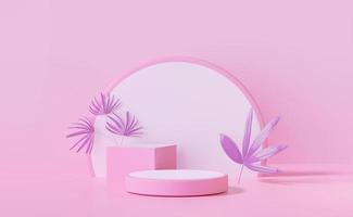 Pódio de estágio de cilindro rosa 3d vazio com cubo, folha de palmeira, fundo de vitrine cosmética geométrica abstrata pedestal rosa. cena moderna mínima, ilustração de renderização 3d foto