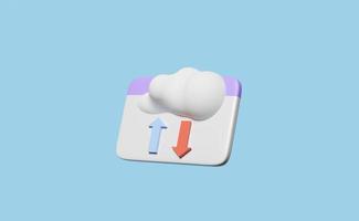 Pasta de nuvem 3D com seta isolada sobre fundo azul. download de armazenamento em nuvem, upload, transferência de dados, rede de conexão de datacenter, conceito mínimo, ilustração de renderização 3d foto